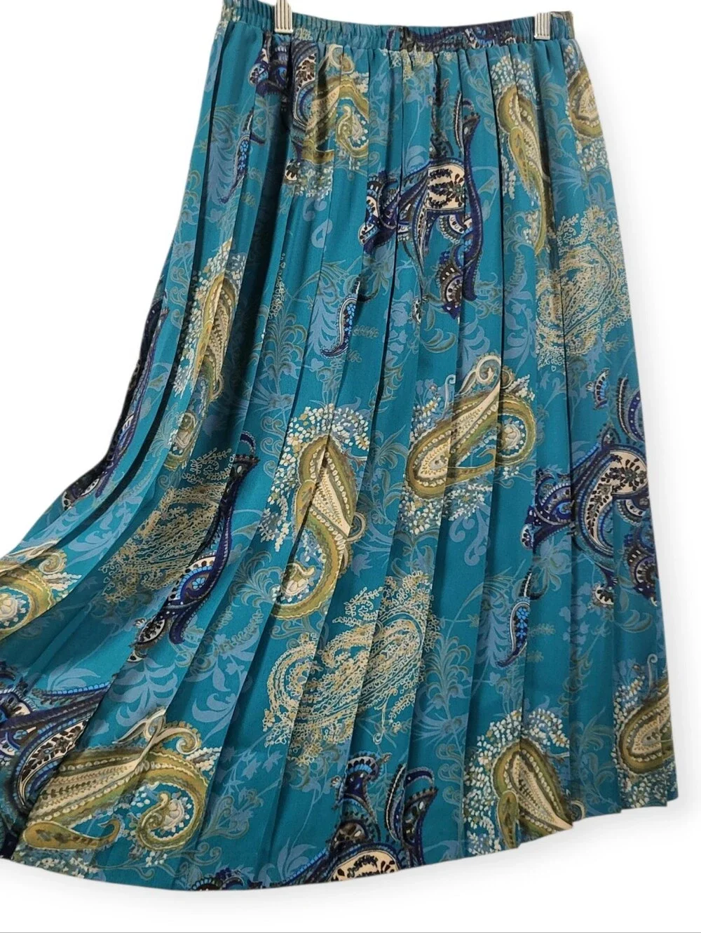 Vintage‎ Ann Travis Petite 12 Pleated Paisley Midi Skirt Blue Green Flawless